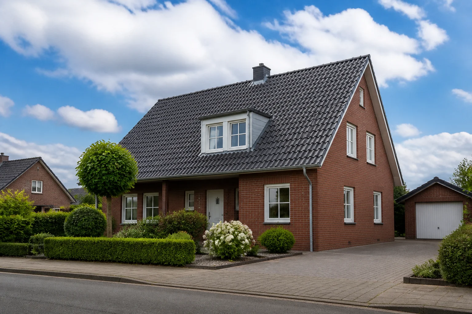 Gepflegtes Wohnhaus mit Ziegelfassade und Vorgarten