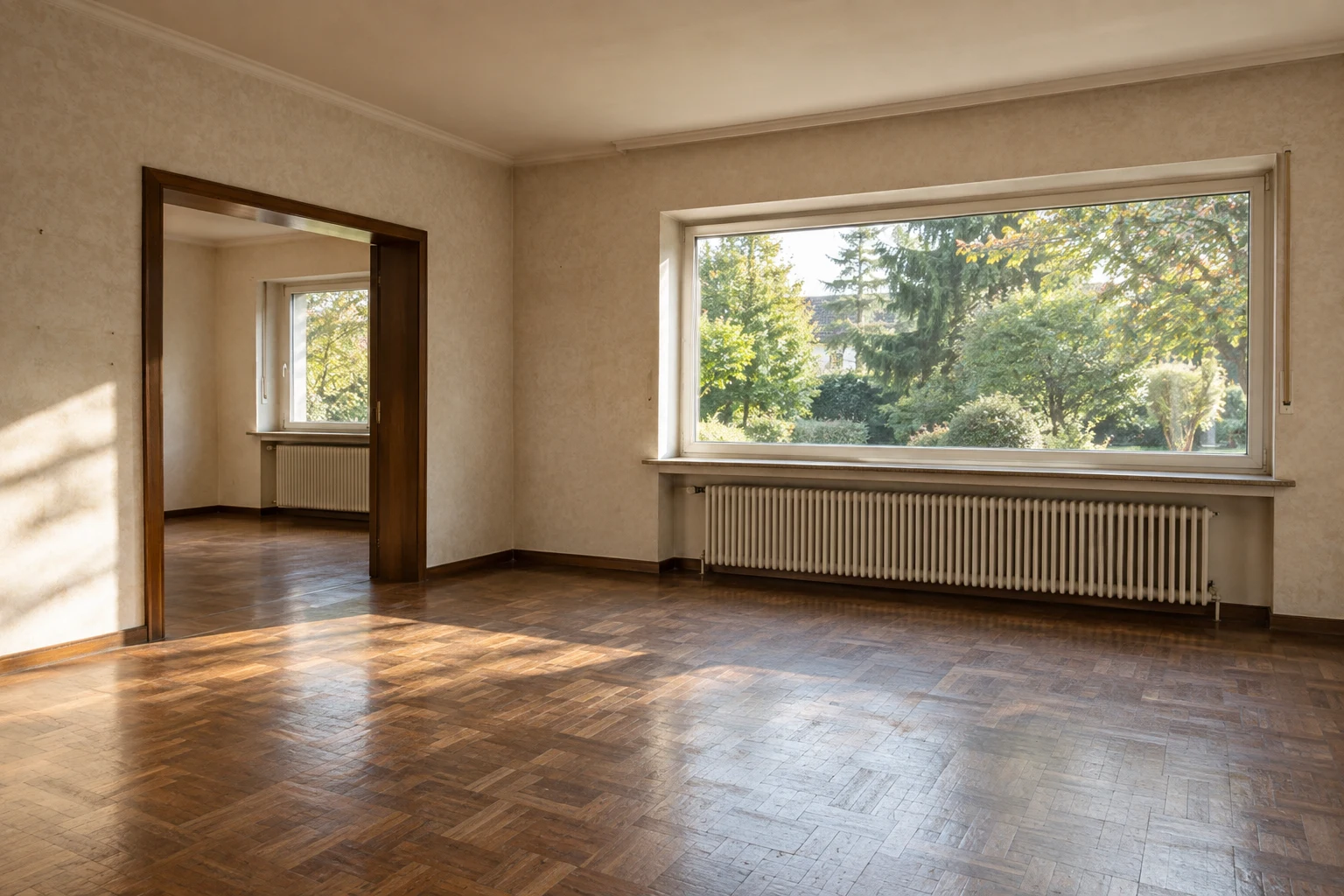 Leerer älterer Wohnraum mit Parkett, Heizkörper und großen Fenstern vor einer möglichen Modernisierung